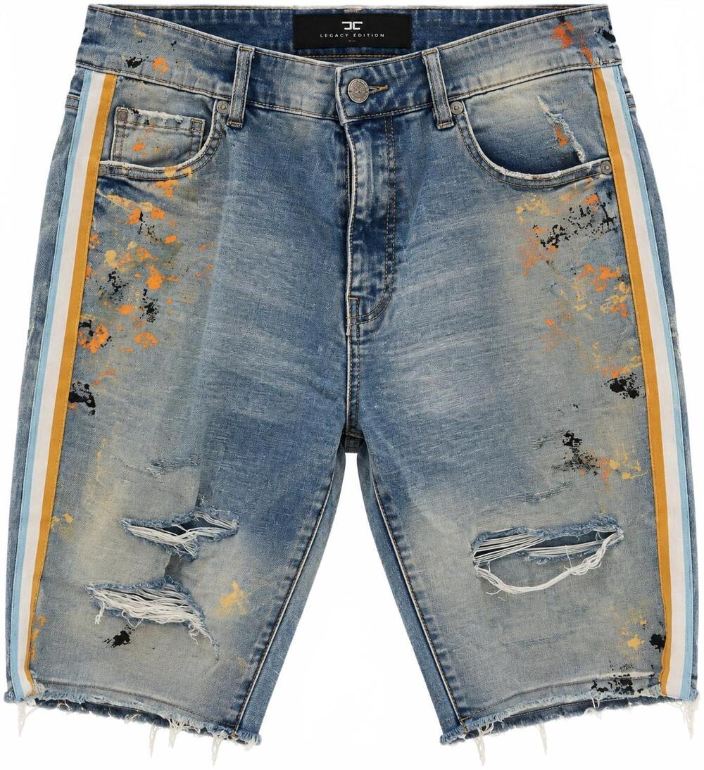NEW JORDAN CRAIG men's distressed jean shorts in denim with blue and white strip